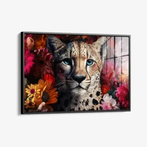 Flower Cheetah – Glas 60x90 cm / Mit Rahmen (schwarz)