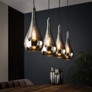 Hängelampe 4L, silbernes Tropfenglas / verchromtes Glas