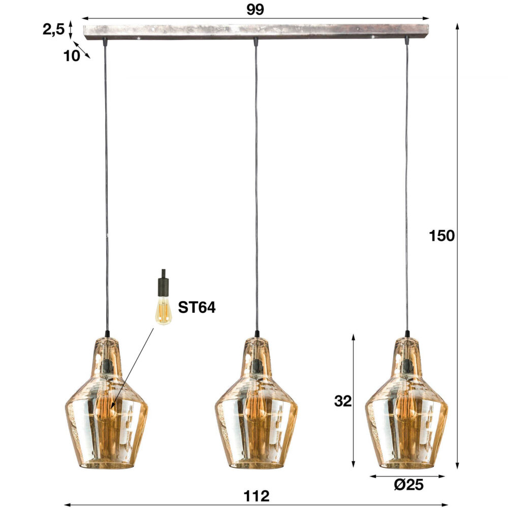 Hängelampe 3L bernsteinfarbener Glaskegel / Altsilber – Bild 5