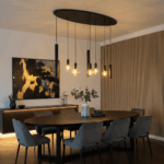 Design-Hängeleuchte 8-flammig – Schwarz & Amberglas – 140 cm