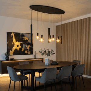 Design-Hängeleuchte 8-flammig – Schwarz & Amberglas – 140 cm