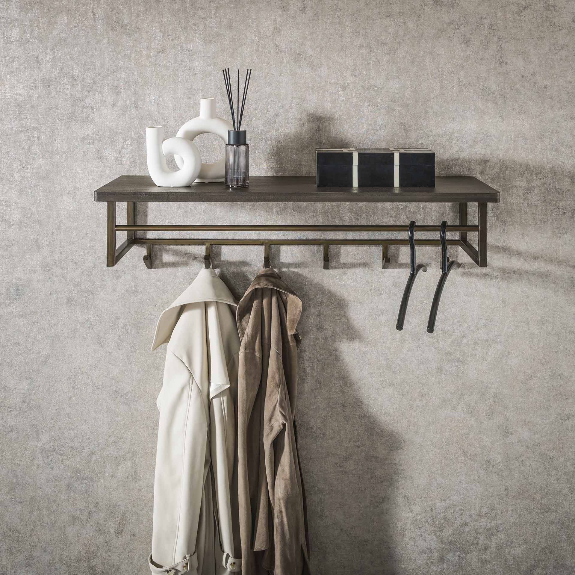 Garderobe Ferro mit 6 Haken und Hutablage / Antikbronze - 40x60 cm -